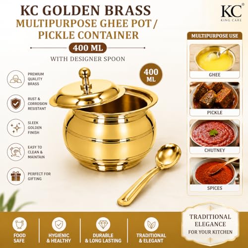 Image 4 of KC Golden Brass Multipurpose Ghee Pot/Pickle Container 400 ML with Embossed Designer Spoon