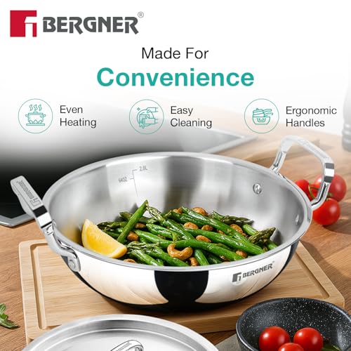 Image 7 of BERGNER TriPro 4 Pcs Tri-Ply Stainless Steel Cookware Combo - 24cm/3L Kadai with Lid, 16cm/1.7L Teapan, 12cm/500ml Tadka Pan