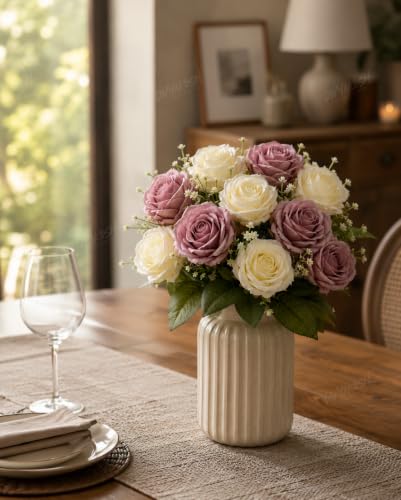Image 6 of Divyakosh Artificial Rose Flower Bouquet, 10 Roses (5 Dusty Mauve & 5 Ivory White) with Green Leave, Faux Floral Arrangement for Living Room, Bedroom, Office, Wedding & Home Decor (Vase Not Included)
