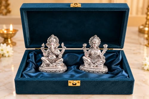 Image 7 of Gold Art India Lakshmi Ganesha Idol 999 Silver Plated | Laxmi Ganesh Ji Murti for Diwali Pooja, Home Mandir, Office & Gifting | Ganpati Laxmi Idol Set with Premium Gift Box