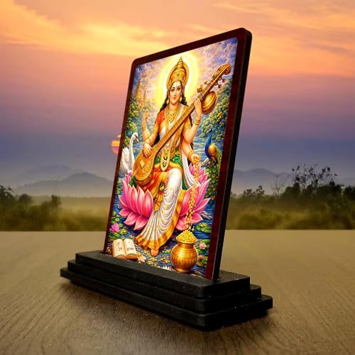 Image 3 of Maa Saraswati Small Wooden Idol 4x5 Inch Divine Grace HD Printed Home Decor