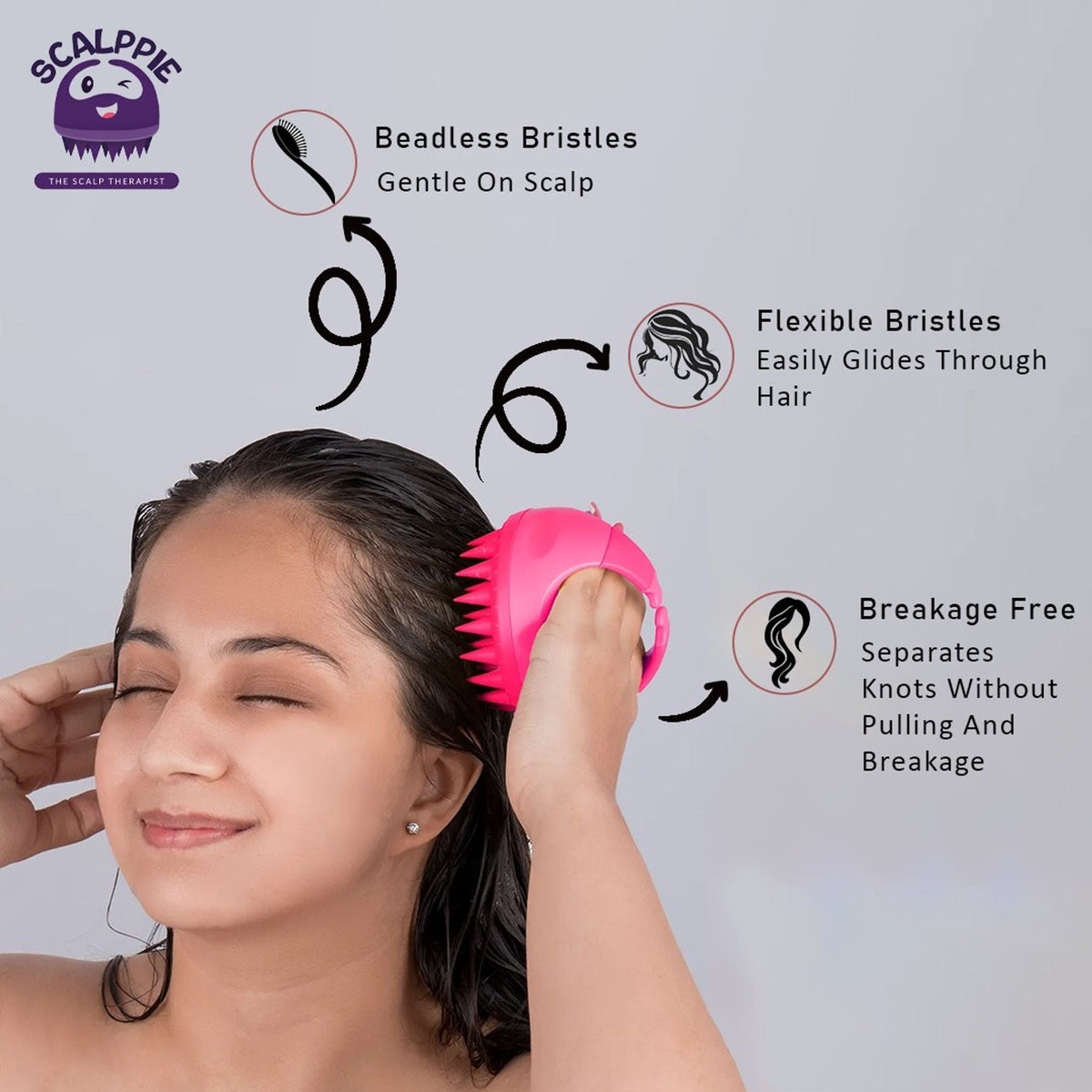 Image 5 of Scalppie Silicon Hair Scalp Massager & Shampoo Brush Scrub For Hair Growth & Anti Dandruff - Pink