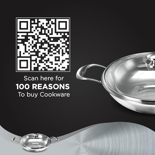 Image 6 of Preethi Metallica Collection Triply Stainless Steel Kadai with Glass Lid, 28 cm, Gas & Induction Compatible, Metal Spatula Friendly