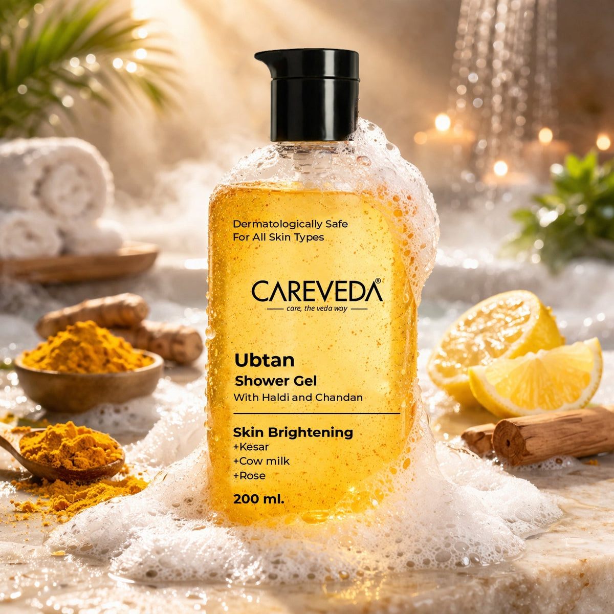 Image 1 of 200 ml / Pack of 1 for the product CareVeda Ubtan Shower Gel, Skin Brightening Body Wash with Haldi & Chandan, Fresh & Glowing Skin