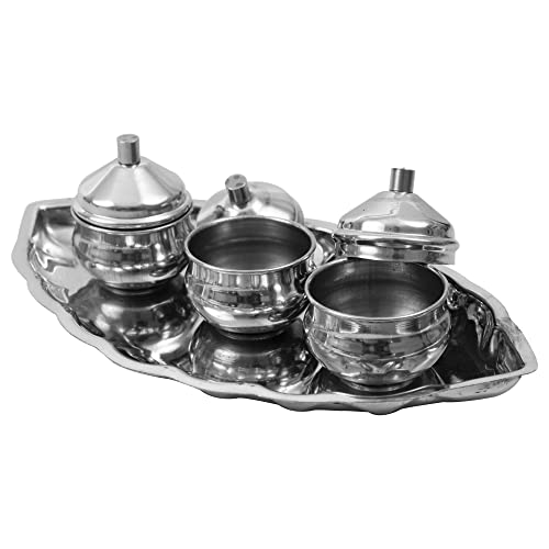 Image 7 of Spillbox Traditional Handcrafted Stainless Steel Thali Kumkum Holder Stand Plate Oval 3 Bowl-Small Leaf- Silver