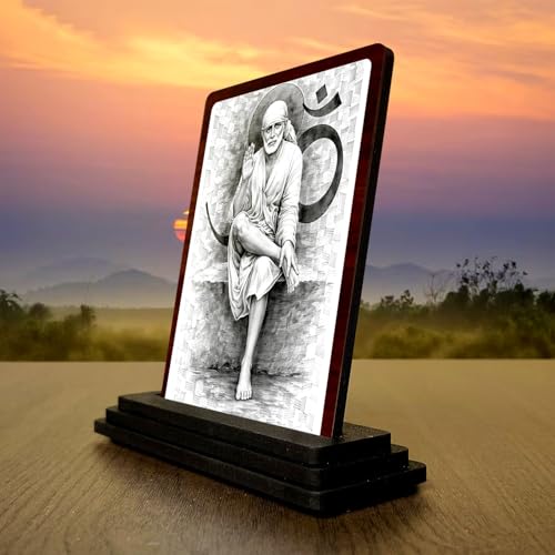 Image 3 of HD Printed Sai Baba Wooden Idol 4x5 Inch Ornate Frame Spiritual Showpiece