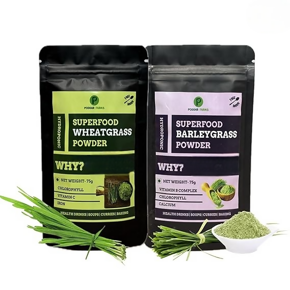 Image 1 of combo for the product Poddar Farms Premium Wheatgrass Powder and Barley Grass Powder Combo