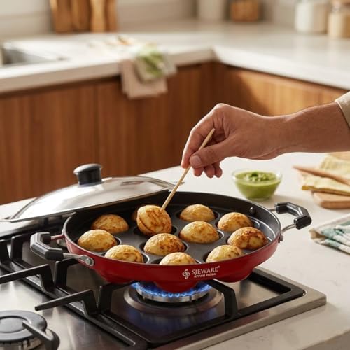 Image 7 of SJE WARE Non-Stick Aluminium Appam Patra 12 Cavity with Lighter, Red