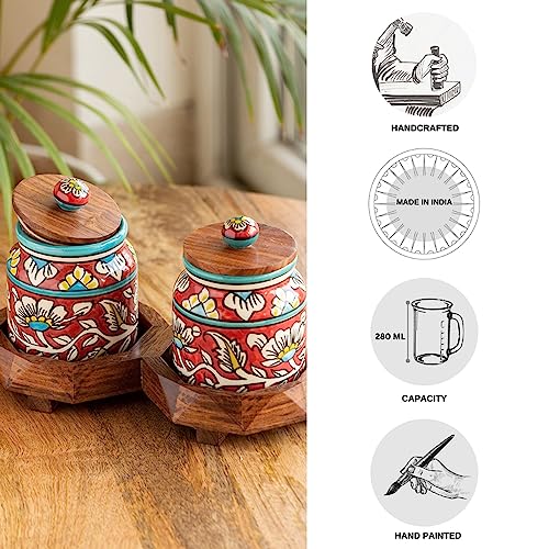 Image 7 of ExclusiveLane Mughal Floral Ceramic Containers with Lid & Tray Set of 2 440 ML