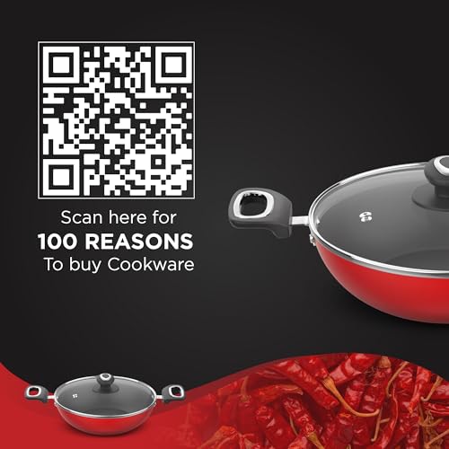 Image 5 of Preethi Dura Collection Non Stick Kadai, 24 cm, with Glass Lid, Gas & Induction Compatible, 5 Star Non Stick Effect, Chilly Red