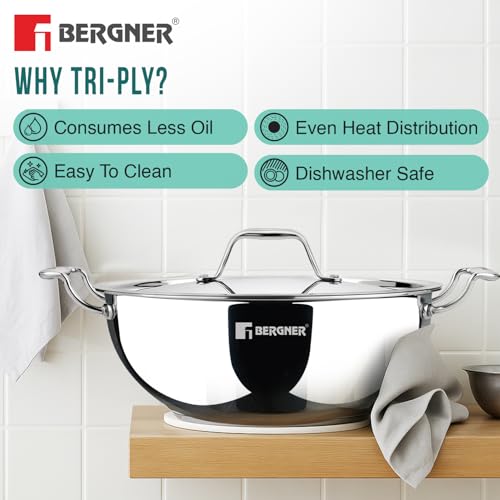 Image 13 of BERGNER Argent Triply Deep Kadai with Stainless Steel Lid