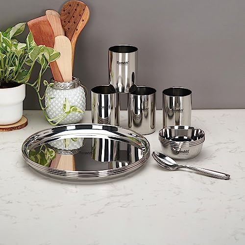 Image 7 of Sumeet Stainless Steel Heavy Gauge Mirror Finish Solid Dinner Set Of 16 Pcs (4 Plate, 4 Bowl/Wati, 4 Glass, 4 Spoon), Silver