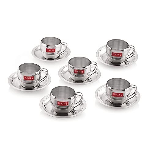 Image 9 of HAZEL Stainless Steel Cup & Saucer Set of 6 | 170 ml Unbreakable Tea/Coffee Cups & Saucers | Stainless Steel Mugs & Saucer Set