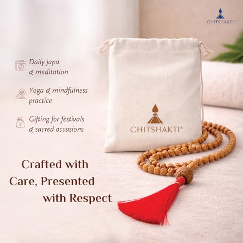 Image 6 of Chitshakti Rudraksha mala 108 +1 Beads Original | Sacred 108 + 1 Rudraksha Meditation Mala | Natural 10 mm Beads with 18 mm Guru Bead | Traditional Hand-Knotted Japa Mala with Red Tassel | Red