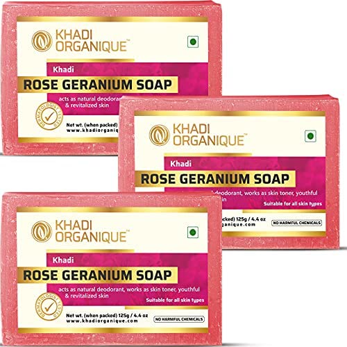 Image 1 of 125 gm / Pack of 3 for the product Khadi Organique Handmade Herbal Rose & Geranium Soap