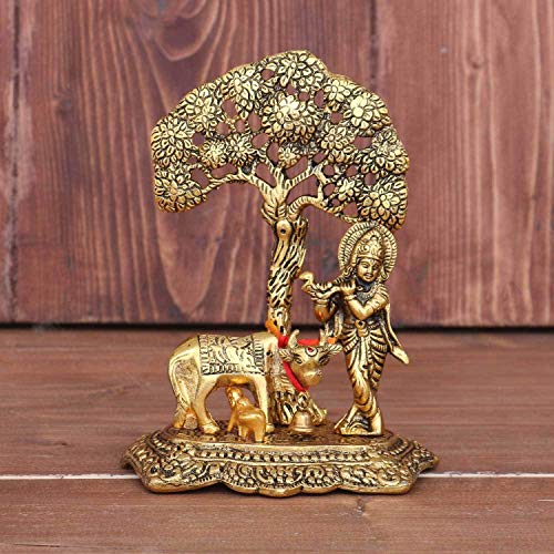 Image 1 of Default Title for the product Kridaykraft Metal Lord Krishna Idol with Kamdhenu Cow & Tree (17cm, Gold)