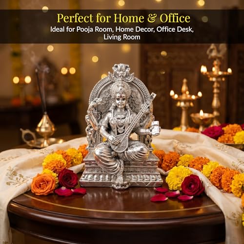 Image 6 of Dev Aastha 999 Silver Plated Saraswati Idol for Pooja Room - 3.7 Inch
