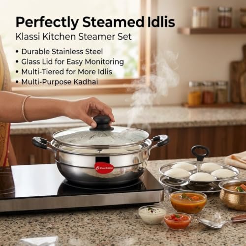 Image 7 of Klassi Kichen Stainless Steel Multi Kadai WIth Glass Lid Induction & Standard Idli Maker (2 Plates,10 Idlis)