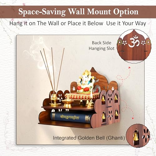 Image 7 of GLUN Small Pooja Mandir for Home Wall Mount & Tabletop Wooden Temple with Bells