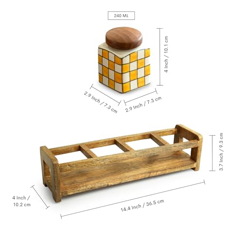 Image 7 of ExclusiveLane Shatranj Checkered Multi Utility Storage Ceramic Jars with Wooden Holder Set of 4 240 ml