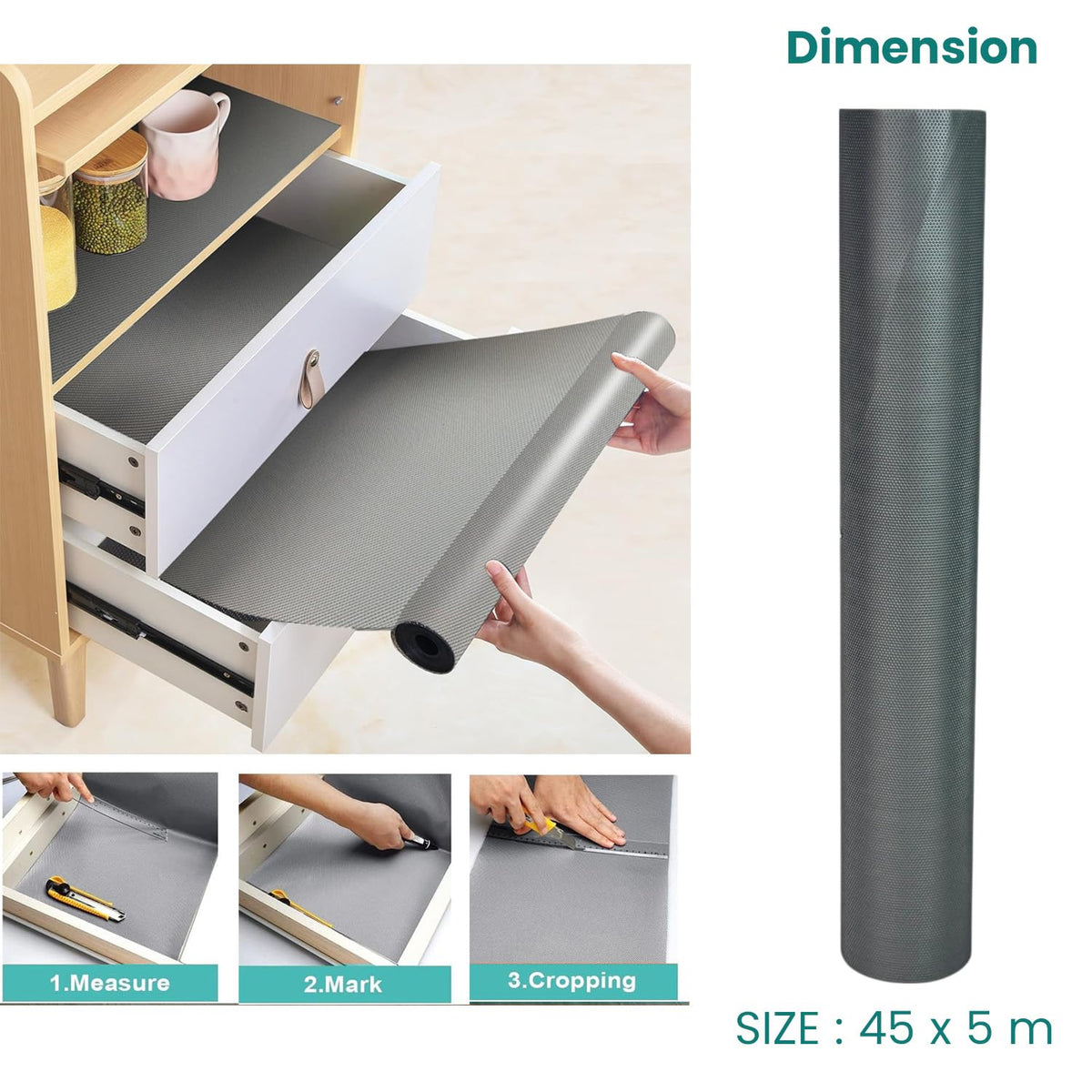 Image 7 of Go Hooked EVA Food Grade Anti-Slip Mat for Fridge, Shelf, Table & Drawer – Washable, Waterproof, Non-Adhesive, Multi-Purpose Liner for Home & Office Use – Cuttable & Reusable (Grey, 45cm X 5m)