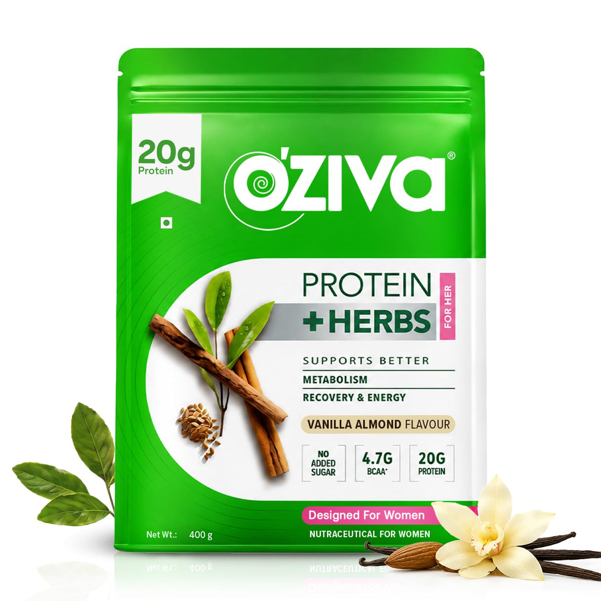 Image 14 of Vanilla Almond / 400 gm for the product OZiva Protein & Herbs for Women - Protein Powder to Reduce Body Fat, Manage Weight & Metabolism, No Added Sugar