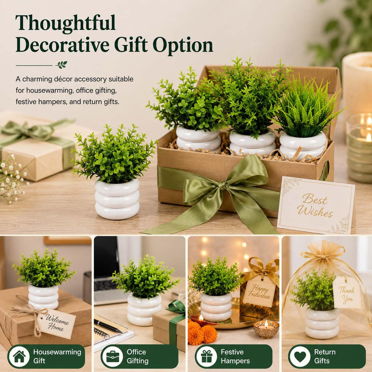Image 6 of Go Hooked Artificial Mini Plant (7 Pack) | Small Faux Plants Home & Office Decor, Living Room, Bedroom, Tabletop & Shelves | Small Potted Plants | Stylish Round Pot (Assorted Mini Pots)