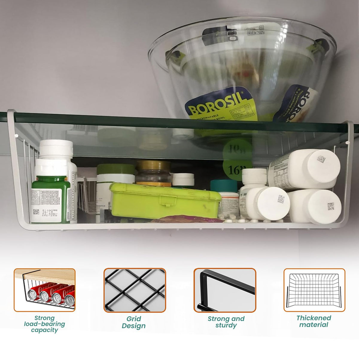 Image 6 of Go Hooked 16 Inch Undershelf Storage Basket Pack of 2 | Multipurpose Under Shelf Organizer | Hanging Wire Basket for Shelf, Cabinet, Pantry, Cupboard, Closet, Desk, and Bathroom (Silver)