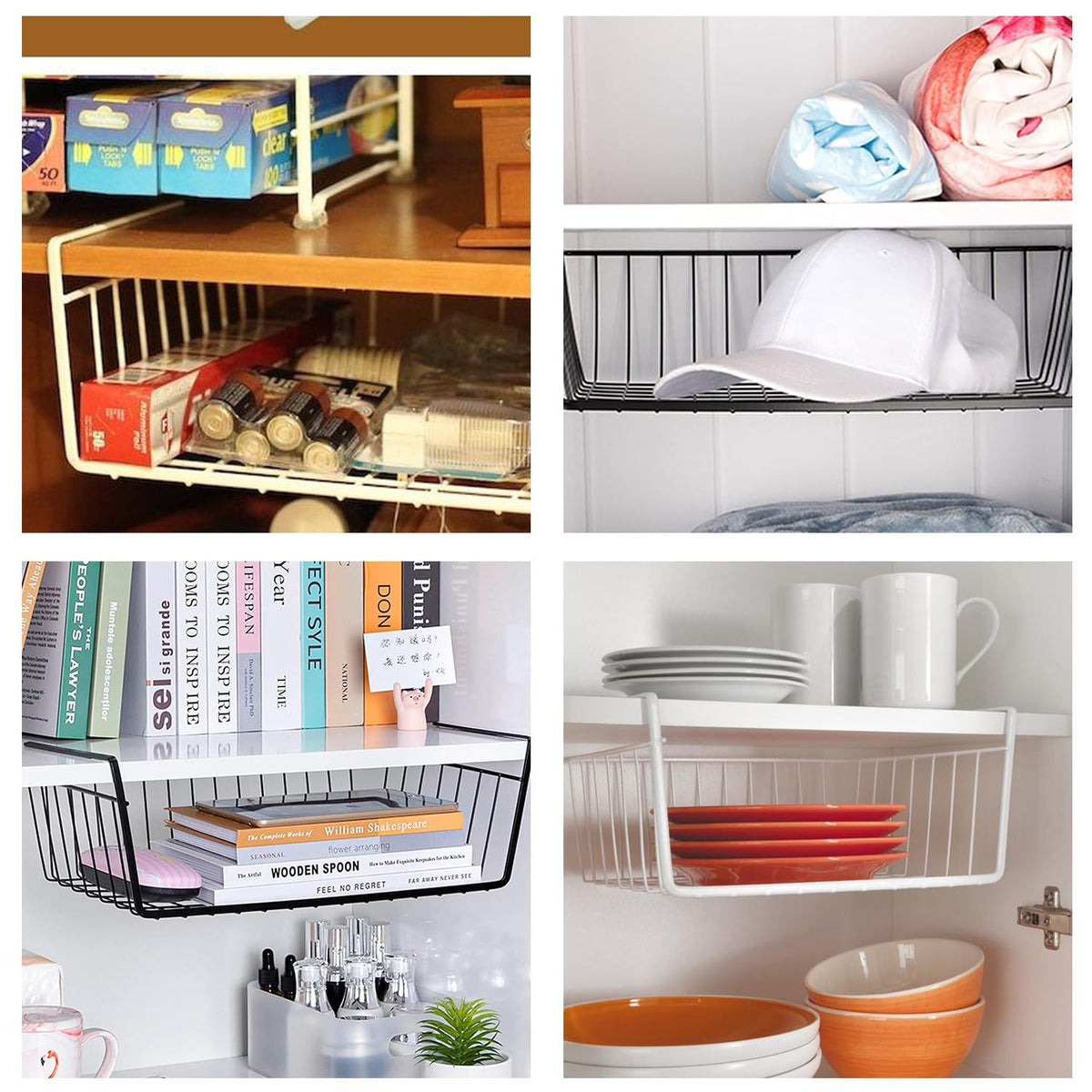 Image 6 of Go Hooked 12 Inch Undershelf Storage Basket Pack of 2 | Multipurpose Under Shelf Organizer | Hanging Wire Basket for Cabinet, Shelf, Pantry, Cupboard, Closet, Desk, and Bathroom (Black)