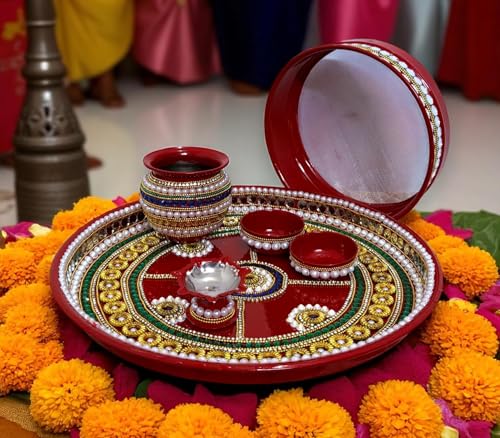 Image 7 of RIA Studio Karva Chauth Pooja Thali Set - Kundan Decorated Stainless Steel 6-Pieces (12 Inch)