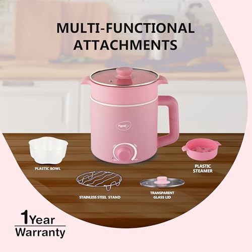 Image 7 of Pigeon By Stovekraft Swift Plus Multi-Cook Kettle 1.5L, With Steamer, Egg Rack - Pink | Black | Double Layered | Food Grade Stainless Steel Inner Wall | Glass Lid | Auto Shut-Off, 600 Watts