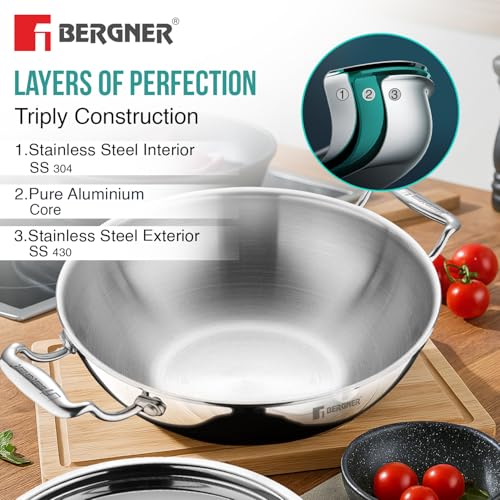 Image 14 of BERGNER Argent TriPly Stainless Steel Kadai with Stainless Steel Lid