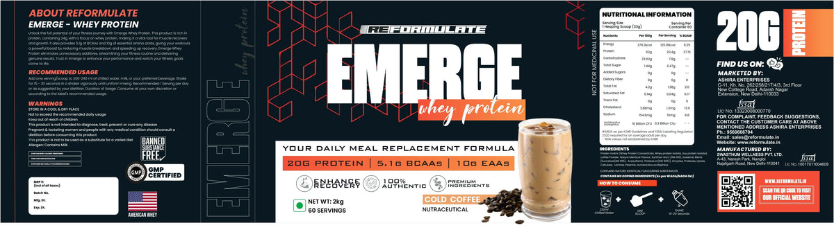 Image 4 of Reformulate Emerge I Whey Protein I Your Daily Meal Replacement Formula I 20 G I Protein I 5.1 G Bcaa's I 10 G Eaa's - Cold Coffee