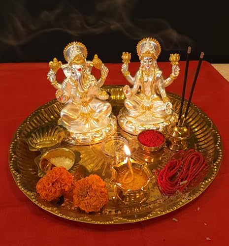 Image 6 of Gold Art India Round Base Laxmi Ganesh Silver Matte Idol 5" Inch