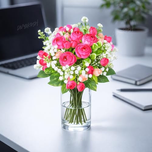 Image 7 of Divyakosh Artificial Peony Flower Bunch for Vase | Real Touch Faux Flowers with Gypsophila & Green Leaves | Decorative Fake Flowers for Home Living Room Bedroom Office Table Decor (VASE NOT Included)