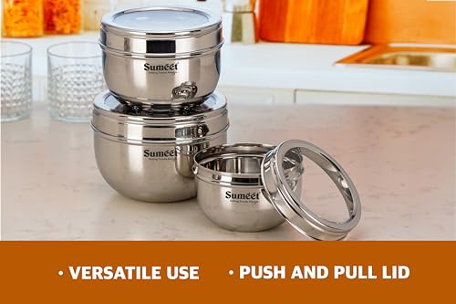Image 6 of Sumeet Stainless Steel Apple Shape Storage Containers for kitchen with Transparent See Through Lid, 11cm, 13cm & 14.5cm Dia, 600ml, 900ml & 1250ml, Pack of 3, Silver