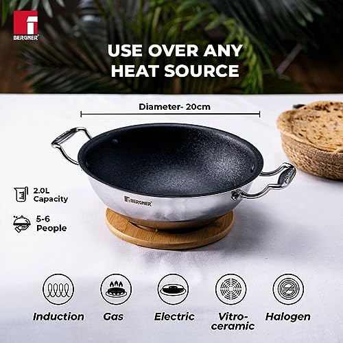 Image 7 of BERGNER Hitech-Peek Triply Stainless Steel Kadai with Steel Lid, 20 cm, Non Stick Performance Coating