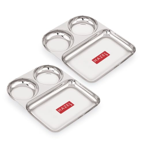 Image 7 of HAZEL 3 in 1 Plate Stainless Steel Pav Bhaji Plate Set of 2 Mess Tray