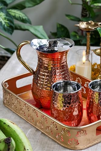 Image 7 of ALCU Serving Tray with Lotus Design, Iron Decorative Gold Finish Metal Tray (Rectangular Lotus Tray)