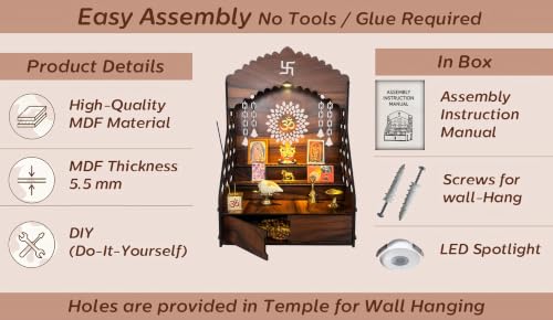 Image 7 of STEPn'SPACE Wooden Temple for Home Big Size Mandir LED Light & Step Wall Hanging Puja Mandir for Home Temple for Office Pooja Stand with Storage XL-D28x W38x H55cm