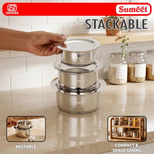 Image 7 of Sumeet ISI Certified Induction Bottom Small Container Set with Lid - 350ml, 550ml, 750ml