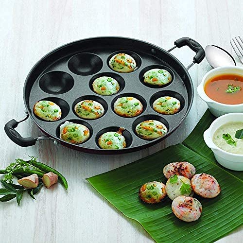 Image 5 of Vansh enterprises Aluminium Non Stick 12 Cavities Appam Pan with Lid 24 cm Red