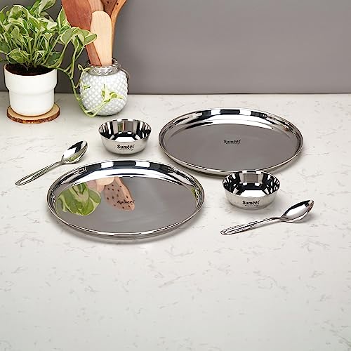 Image 7 of Sumeet plain Stainless Steel Heavy Gauge Mirror Finish Dinner set of 6 Pcs (2 Plate, 2 Bowl/Wati, 2 Spoon), Silver