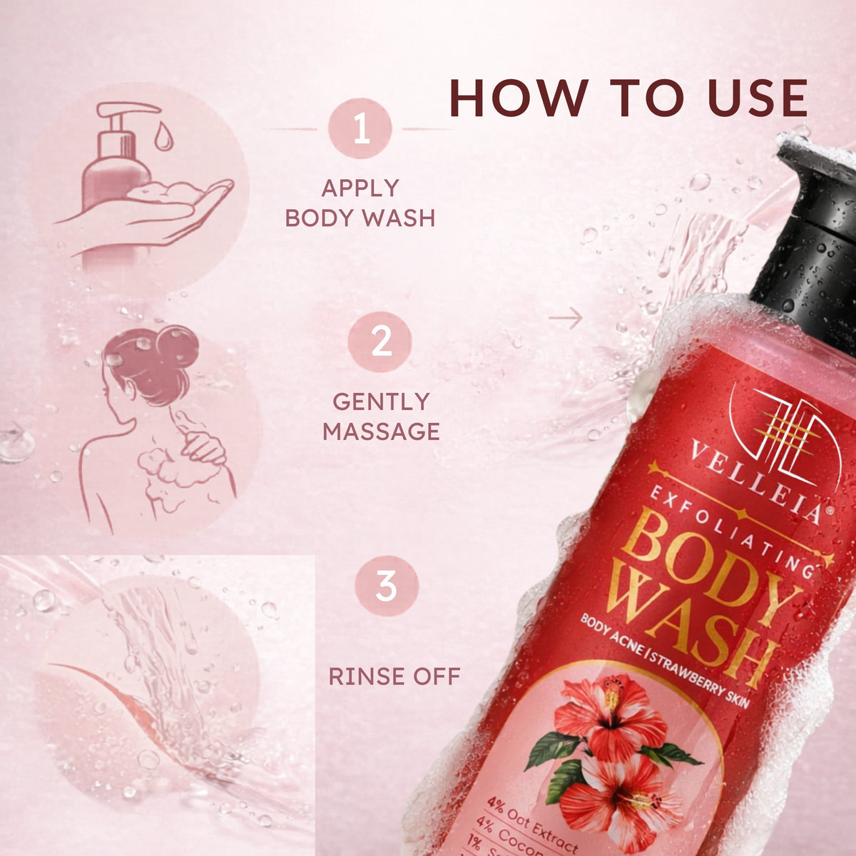 Image 9 of Velleja Exfoliating Body Wash with Salicylic Acid for Body Acne & Rough Bumpy Skin | Reduce Strawberry Legs