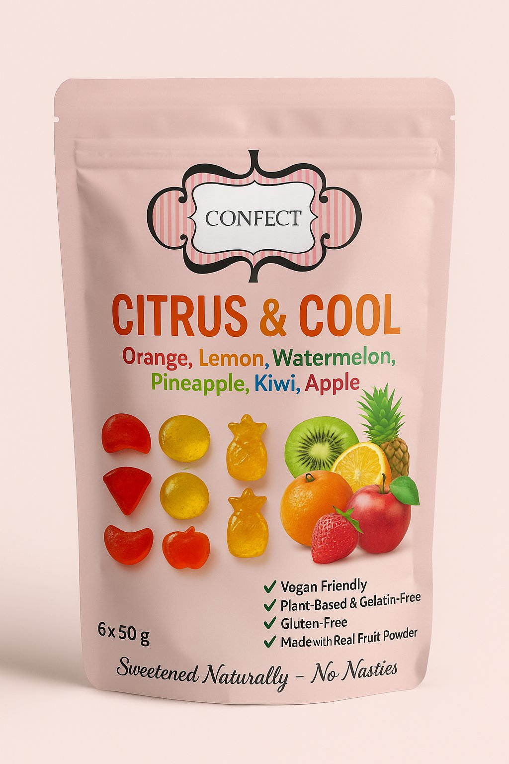 Image 1 of 300 gm for the product Confect Citrus & Cool Gummies | Pack of Orange, Lemon, Watermelon, Pineapple, Kiwi, Apple Gummies |