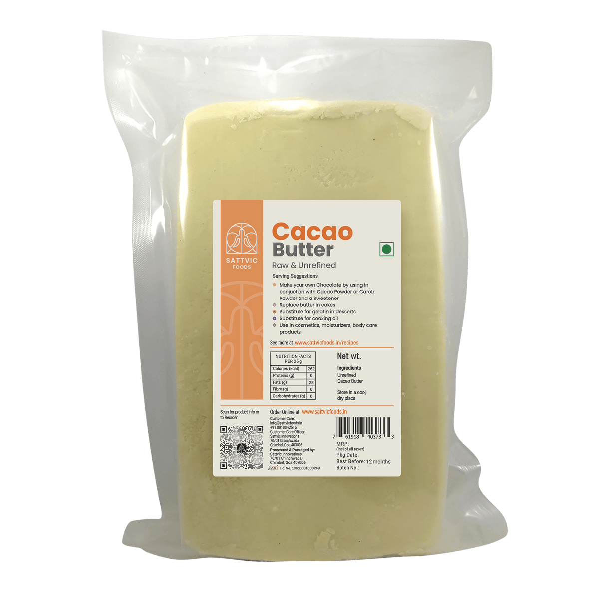 Image 11 of 500 gm for the product Sattvic Foods Raw Unrefined Cacao Butter | Prime-Pressed & Food-Grade