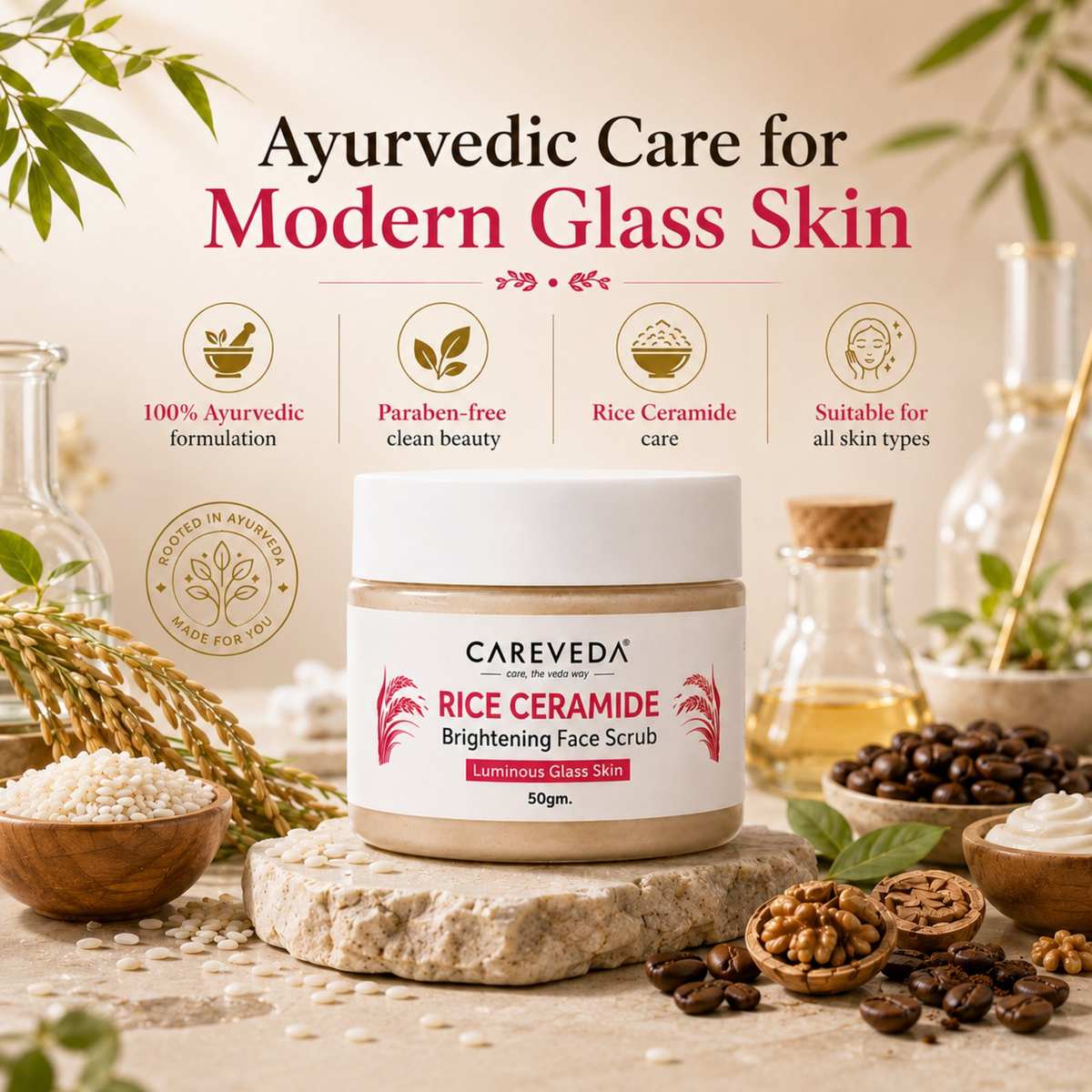 Image 2 of CareVeda Rice Ceramide Brightening Face Scrub for Luminous Glass Skin – with Coffee, Walnut & Sugar – Deep Cleansing & Texture Refining