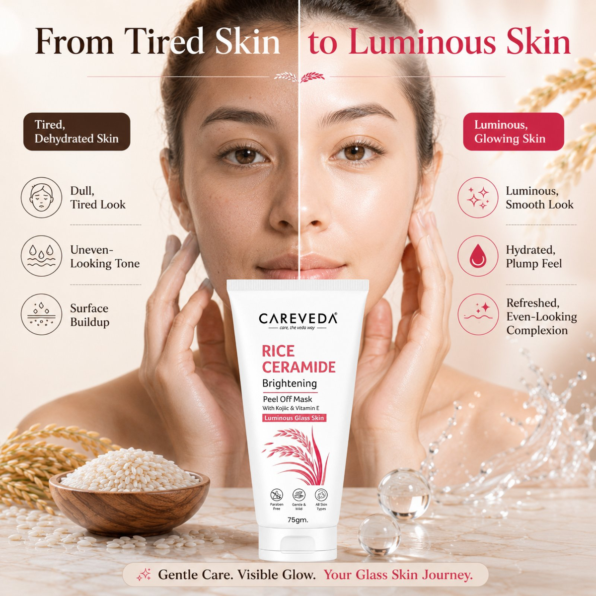 Image 2 of CareVeda Rice Ceramide Brightening Peel Off Mask for Luminous Glass Skin | With Kojic Acid & Vitamin E | Brightening Face Mask for Dull Skin & Skin Barrier Support