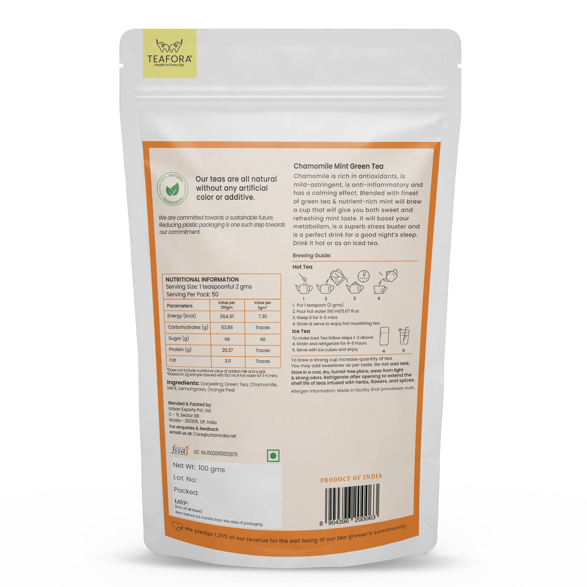 Image 4 of TEAFORA Chamomile Mint Green Tea | Darjeeling Loose Leaf Tea | Natural Sleep Tea with Calming & Relaxing Properties | 50 Cups Hot or Iced Tea