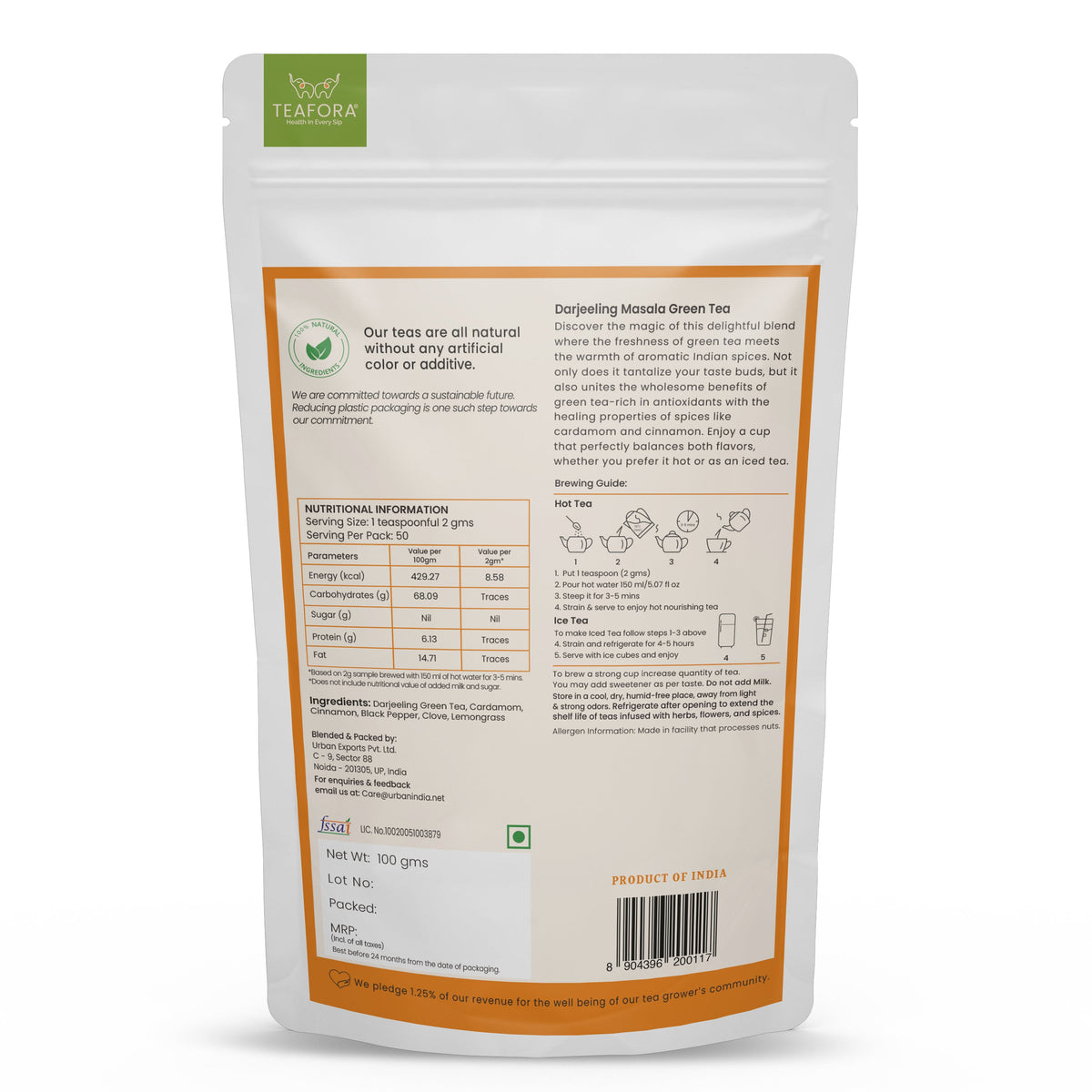 Image 4 of TEAFORA Darjeeling Masala Green Tea | Loose Leaves | Blended with Cardamom, Cinnamon, Black Pepper & Clove | 100% NATURAL | 50 Cups Hot or Iced Tea